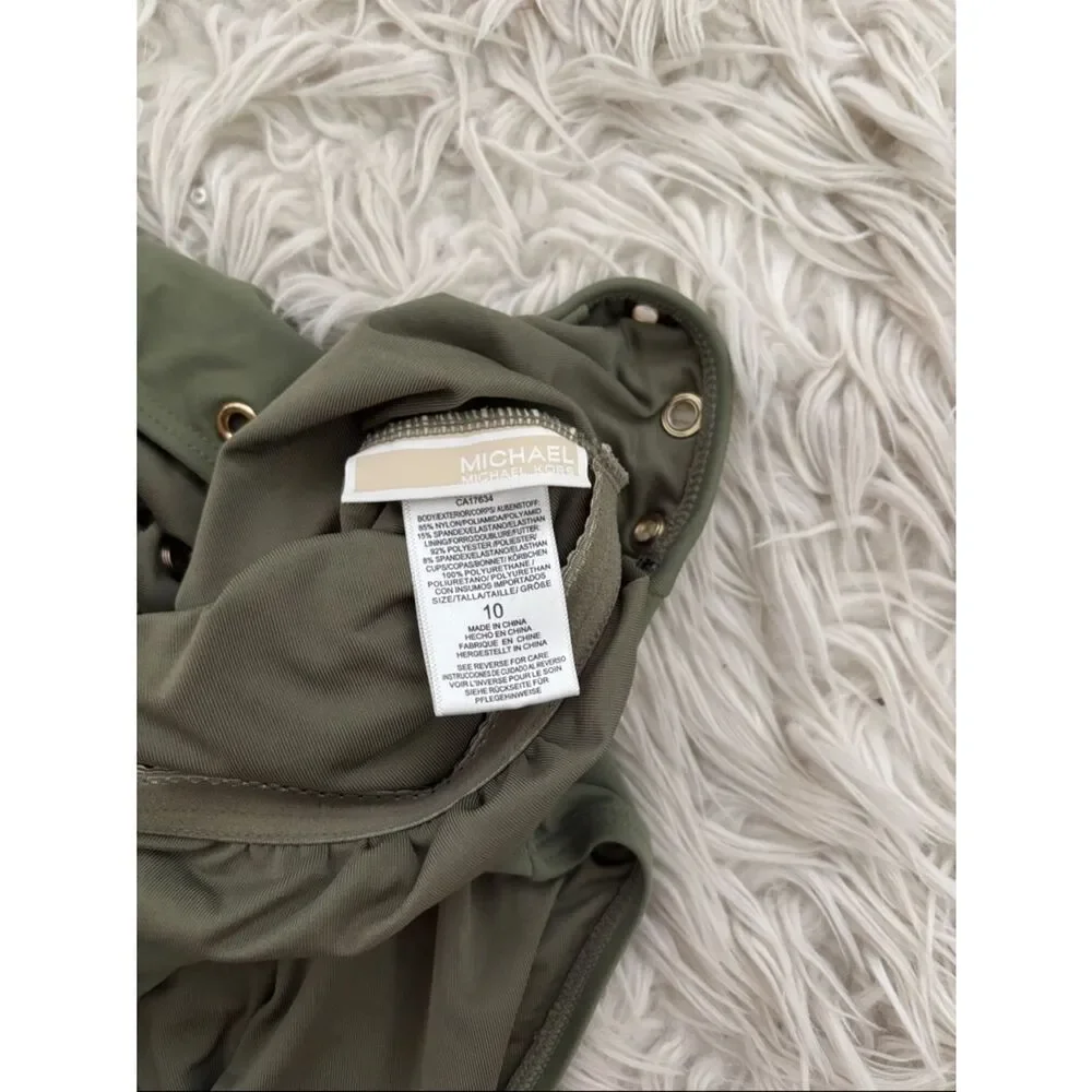 Michael Kors sz 10, Olive Green One-Shoulder Cutout Swimsuit with Gold Eyelets